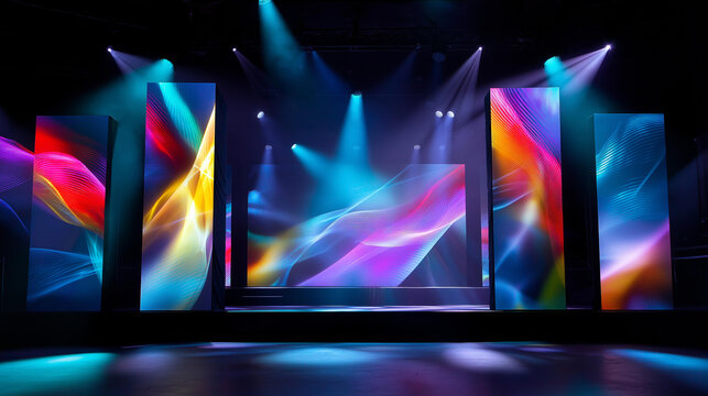 Large LED projection screens displaying a colorful abstract pattern of swirling lights on a concert stage, no people, led projection, stage lights, abstract background, light show, colorful