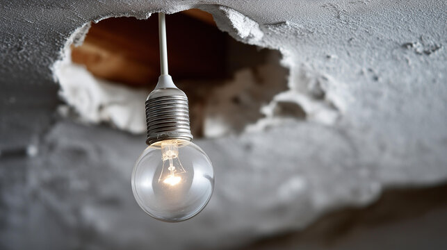 A dangling LED bulb in an electrical socket hanging from a hole in a plastered ceiling during renovation, no people, bare bulb, ceiling hole, apartment renovation, electrical socket, renovation