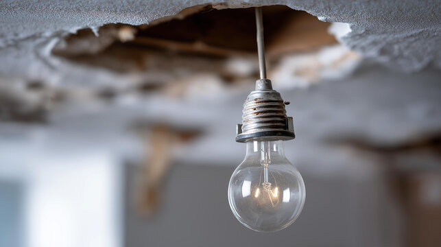 A dangling LED bulb in an electrical socket hanging from a hole in a plastered ceiling during renovation, no people, bare bulb, ceiling hole, apartment renovation, electrical socket, renovation