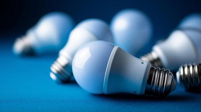 A close up group of LED bulbs on a blue background showing the diffusion pattern, no people, led bulbs, blue background, closeup, energy saving concept, power saving, product photo, simple
