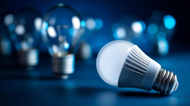A close up group of LED bulbs on a blue background showing the diffusion pattern, no people, led bulbs, blue background, closeup, energy saving concept, power saving, product photo, simple
