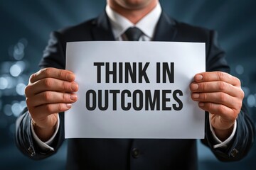 Obraz premium A manager holds a sign with the strategic motto: Think In Outcomes