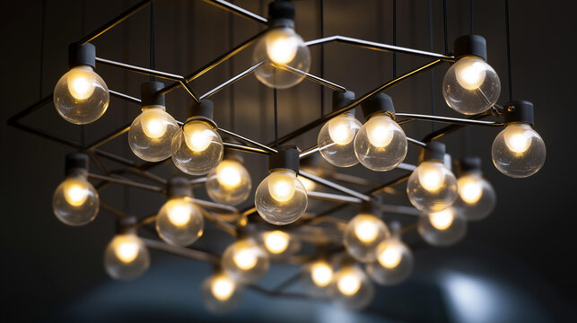 Multiple glowing LED bulbs arranged in a geometric ceiling installation forming a modern art piece, no people, geometric ceiling, led installation, modern art, hanging bulbs, contemporary