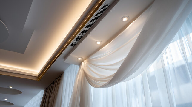 A recessed LED profile mounted on a stretch ceiling with a white curtain elegantly cascading down, no people, recessed led, ceiling profile, stretch ceiling, white curtain, modern interior,
