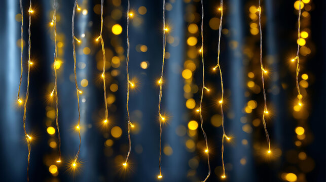Sparkling yellow LED fairy light strips cascading vertically like a curtain on a dark backdrop, no people, led fairy lights, christmas curtain, yellow sparkle, fairy strips, decorative lighting,