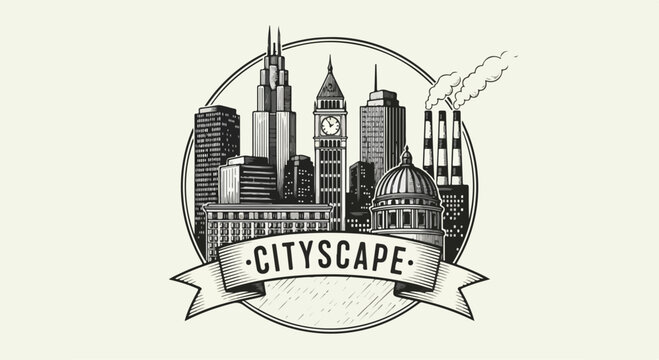 Vintage Cityscape Badge Vector Illustration with Urban Buildings