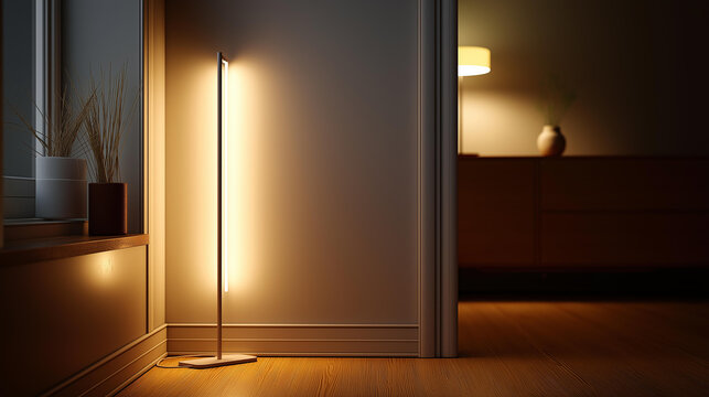 A minimalist led floor lamp casting soft light on a corner of a modern living room, no people, floor lamp, led light, modern living room, soft glow, interior design, simple composition,