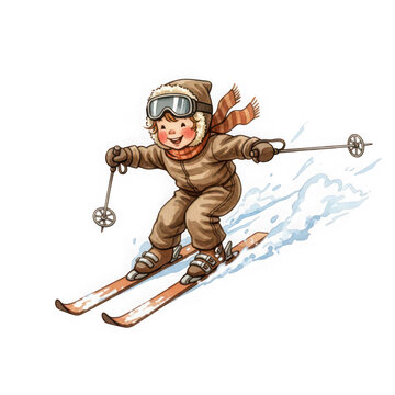 A cartoon illustration of a smiling child skiing on snow with ski poles and skis on isolated transparent background