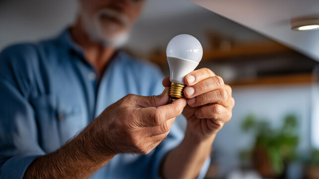 Senior hands installing an eco friendly LED bulb into a ceiling fixture in a home, no faces, senior hands, eco bulb, home installation, energy saving, light fixture, diy, sustainable lifestyle,