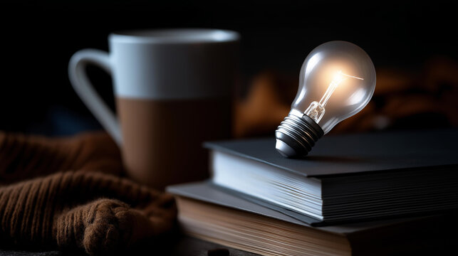 A glowing led bulb placed on a stack of books beside a coffee mug, no people, bulb and books, coffee mug, reading nook, led concept, simple composition, minimalist, inspiration, lifestyle flat