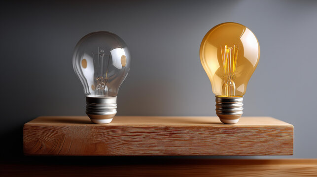 A ceiling light fixture with a new LED bulb screwed in beside an old incandescent bulb on a wooden shelf, no people, light fixture installation, bulb comparison, led versus incandescent, home