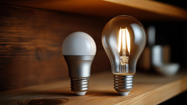 A ceiling light fixture with a new LED bulb screwed in beside an old incandescent bulb on a wooden shelf, no people, light fixture installation, bulb comparison, led versus incandescent, home