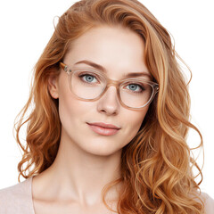 Obraz premium Woman glasses portrait of a beautiful redhead with wavy hair cut out on a transparent background for vision and style