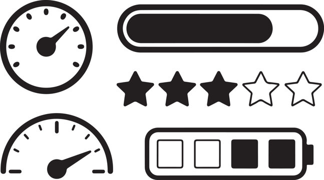Rating and progress bar icon set star rating gauge meter battery level UI vector collection