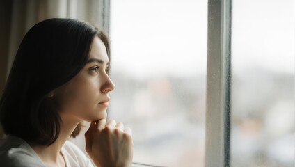 Fototapeta premium Pensive young woman with a thoughtful expression looking out a window at home.