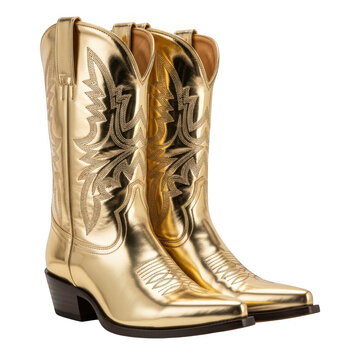 Gilded cowboy boots with decorative stitching and pointed toes