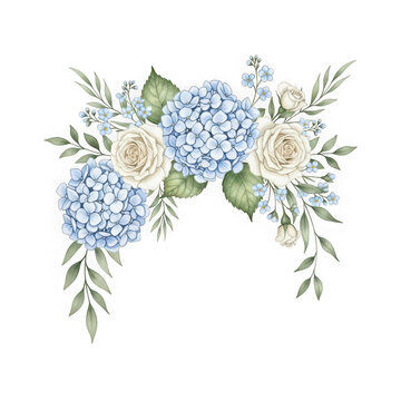 Beautiful floral arrangement with blue hydrangeas and white roses isolated on transparent background