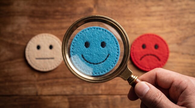 Hand holding magnifying glass over smiley face feedback icons on wood
