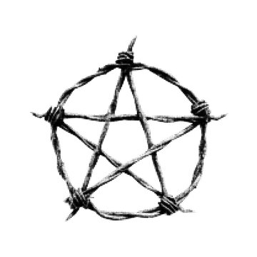 Halftone anarchy symbol with barbed wire in black, dotted circle and A sign on light background, minimal graphic illustration, rebellion and protest concept.