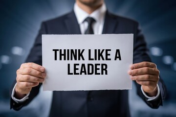 Obraz premium A man in a suit holding a sign to THINK LIKE A LEADER