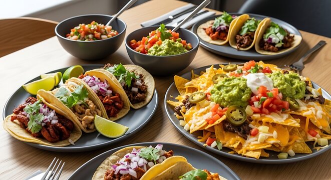 A vibrant assortment of Mexican dishes featuring tacos filled with meat and fresh vegetables, crispy nachos topped with melted cheese and guacamole