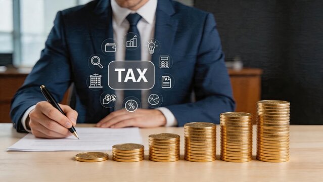 Businessman filling out tax documents with pen stacks of increasing gold coins representing financial growth and tax liabilities