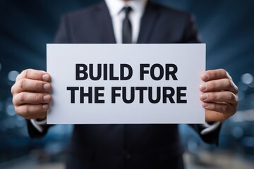 Obraz premium Man in a suit holds a sign with the vision to BUILD FOR THE FUTURE