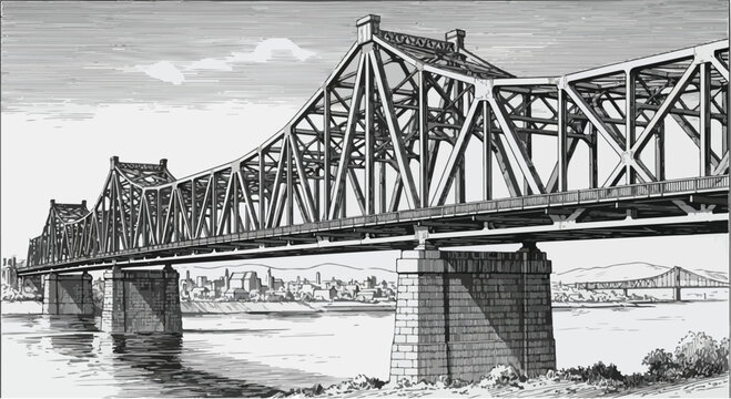 Historic steel truss bridge over city river vector illustration art