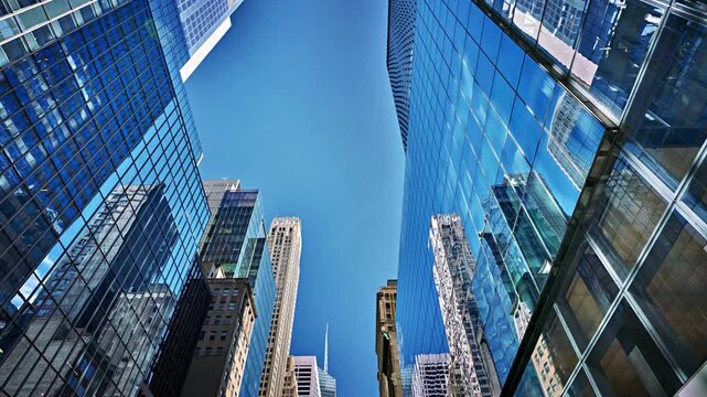 Stunning Low Angle View of Modern Skyscrapers and Corporates offices Against Blue Sky. Business and investment center. 