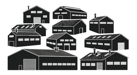 Obraz premium Industrial warehouse building silhouette vector illustration set