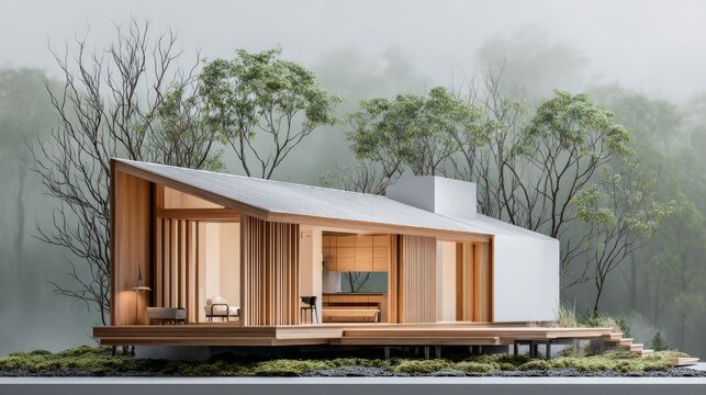 Modern house model with wooden features amidst a serene natural setting.