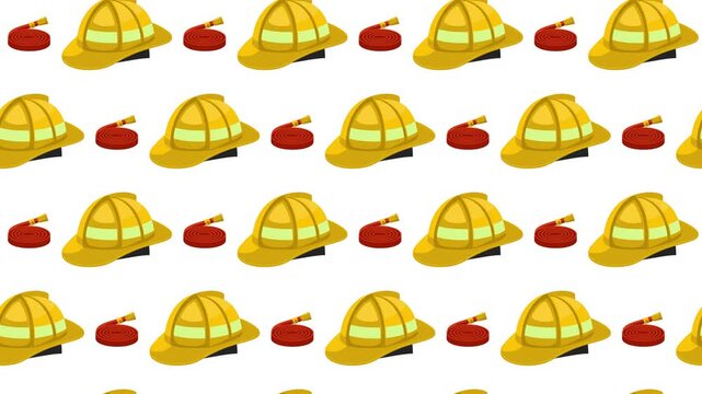 Fireman Helmet and Rescue Hose Seamless Pattern Background, firefighting and emergency safety concept