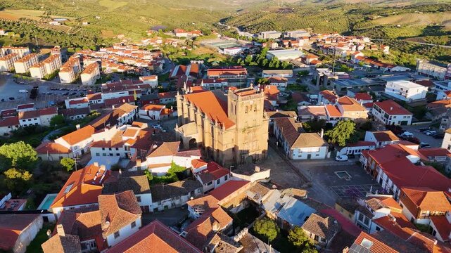 Aerial view of church of santa maria la mayor in brozas