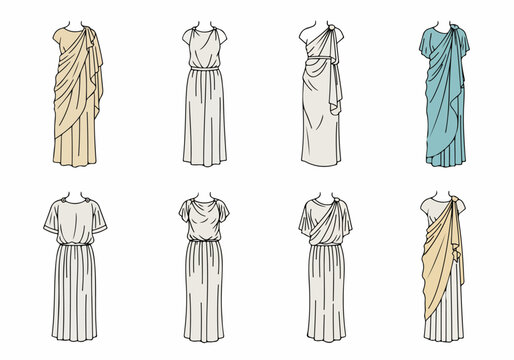 Collection of hand-drawn sketches illustrating various styles of ancient Greek and Roman women's clothing, including chitons and tunics with elegant draping.