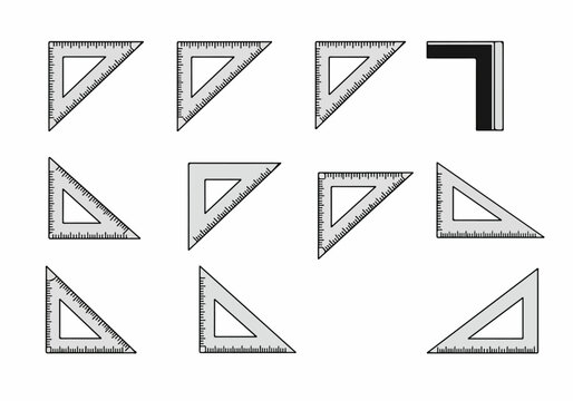 Collection of set square and L-square ruler icons for geometry, architectural drafting, and technical drawing on a white background.