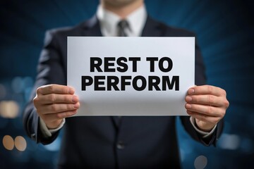 Obraz premium Rest to Perform is the Message on a Sign Held by a Businessman