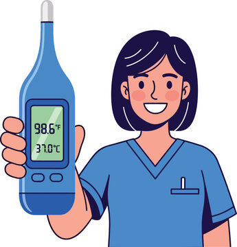 Medical professional holding a digital thermometer, displaying normal body temperature 98.6&deg;F and 37.0&deg;C. Healthcare worker, nurse, or doctor illustration for health and wellness concepts.