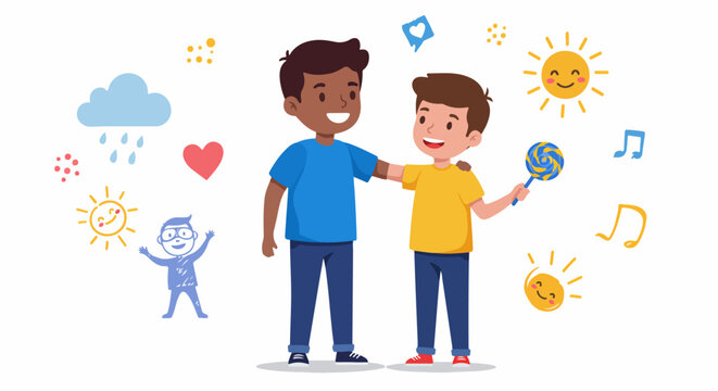 Diverse young boys embracing with friendship and joy, surrounded by whimsical doodles of suns, hearts, and music on a white background.