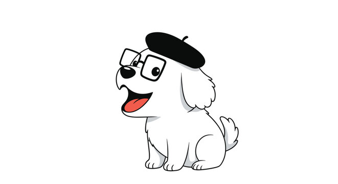 Cute white cartoon dog wearing black glasses and a stylish black beret smiling while sitting on a plain white background vector illustration.