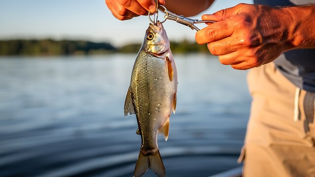 Fisherman holding caught fish with metal gripper over lake. Man catching freshwater fish during summer leisure activity. Outdoor recreation, sports hobby, wildlife and nature concept.