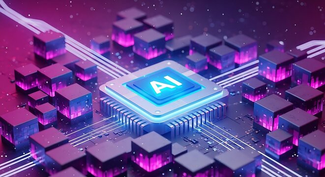 A futuristic AI chip with glowing purple and blue circuits and microchips in a technological environment from a close-up viewpoint.