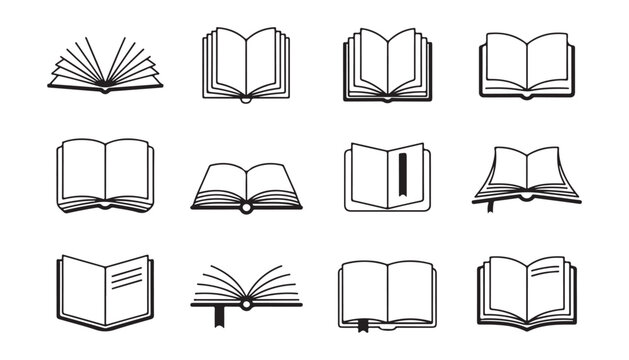 Linear book icons depicting open pages and bookmarks in outline style for educational website and app design.