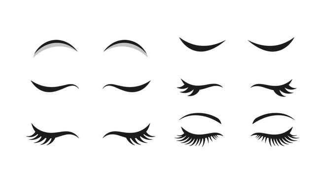 Beauty collection of various eyelash styles and shapes including closed eyes with long thick lashes for makeup and cosmetic concepts.