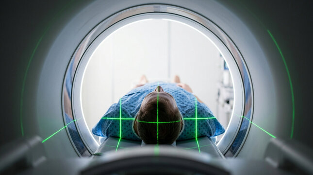 A male patient in a hospital gown lies inside a circular MRI or CT scanner with green laser alignment guides projected onto his head and shoulders for precise medical imaging.