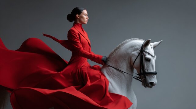 Woman in a red dress elegantly rides a white horse, creating a striking image.