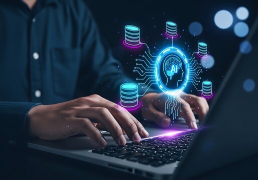 Artificial intelligence analytics interface visualizing database integration and enterprise information management systems