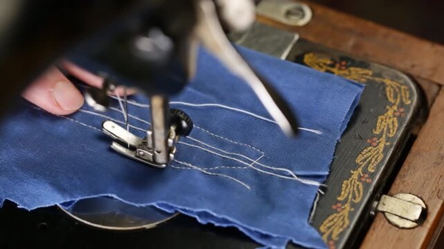 A seamstress works on a vintage sewing machine, sewing at home, a retro-style sewing machine