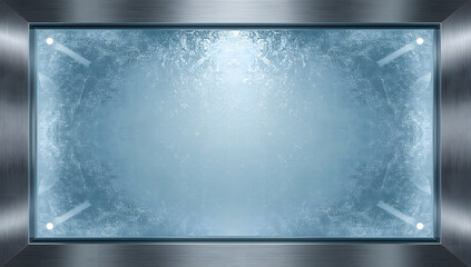 Fototapeta premium Metal framework enclosing a glass pane with frost. Cold background.