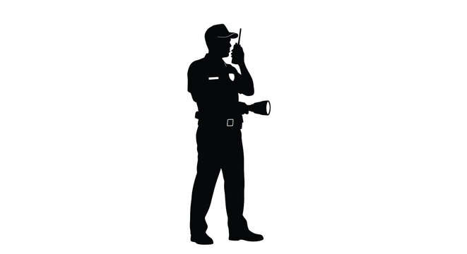security guard silhouette holding walkie talkie and flashlight
