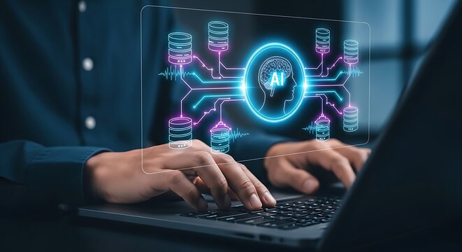 Digital transformation concept with artificial intelligence processing enterprise data from connected database servers